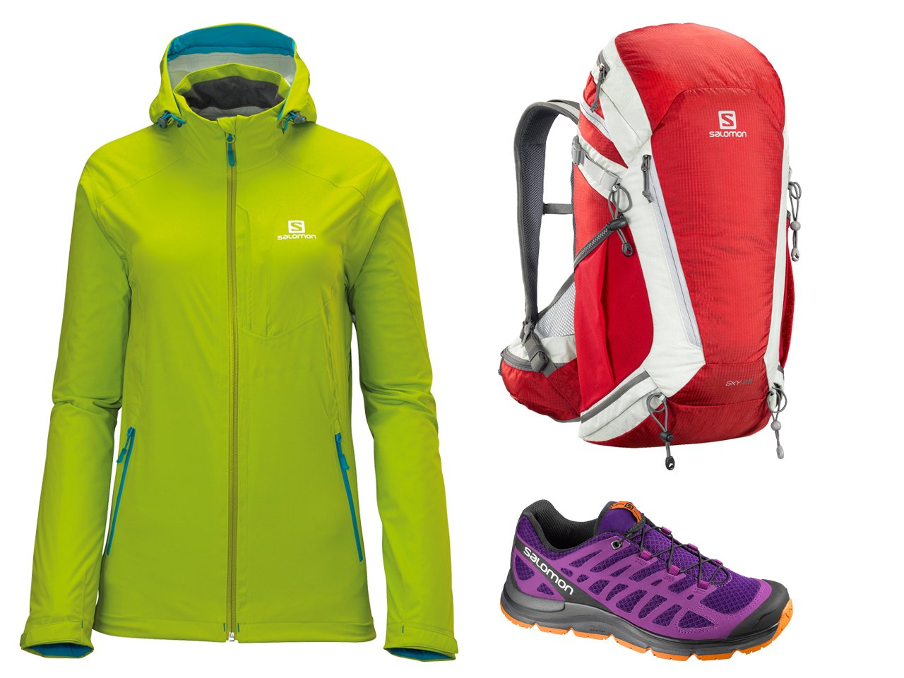 Salomon Hiking-Outfit für Frauen: Synapse W+, Veyrier Stretch Jacket und Rucksack Sky 25