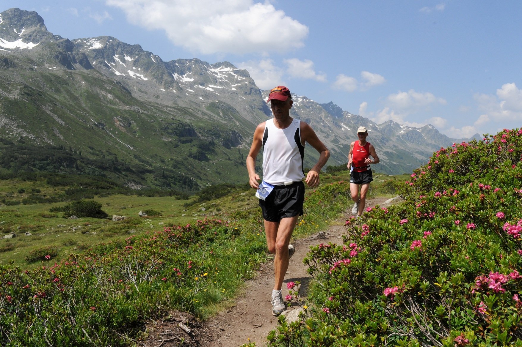 Event - Montafon-Arlberg-Marathon 2014: Vorbei an blühenden Alpenrosen: Läufer des Montafon-Arlberg-Marathons im Schönverwall, im Hintergrund links die Verwallgruppe. (© TVB St. Anton am Arlberg)